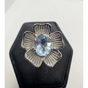 Sterling Silver Blue Topaz Flower Ring Size 6.75 7 Signed 925 Floral Statement